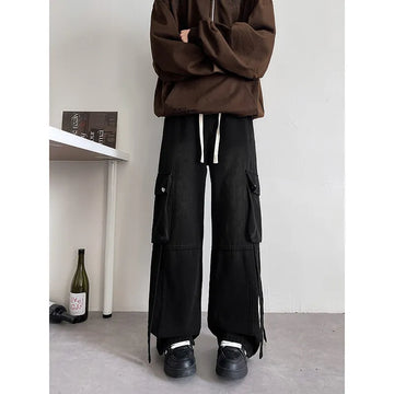 Riolio Baggy Casual Denim cargo Pant man Mopping Trousers Yellow Mud Ribbons Multi-pockets Drawstring Jeans for Men Harajuku Streetwear
